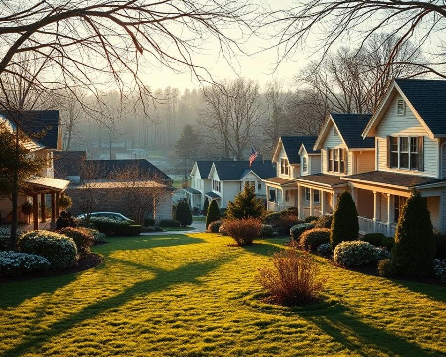 A picturesque winter scene of charming two-story houses nestled in a lush, verdant garden. The foreground features a neatly trimmed lawn dotted with flowering shrubs and evergreen trees, casting long shadows in the soft, golden light of the setting sun. In the middle ground, rows of well-maintained homes with gabled roofs, white siding, and decorative trim line winding streets. The background is framed by a canopy of bare, skeletal trees, hinting at the chill of the season. The overall atmosphere is one of cozy tranquility, inviting the viewer to imagine strolling through this peaceful residential enclave.