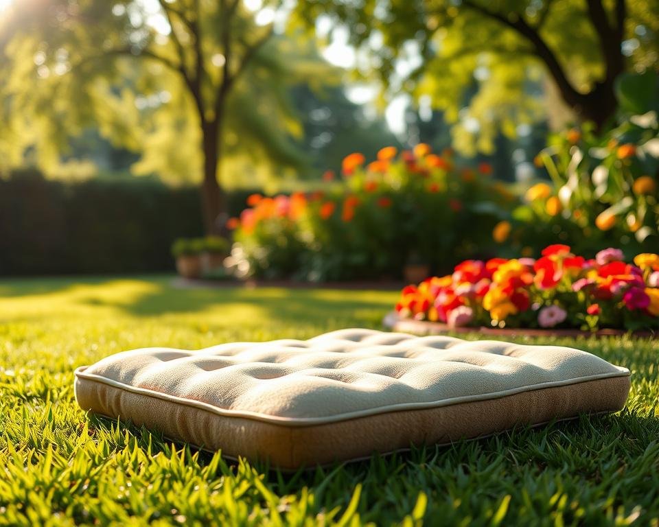 A plush, ergonomic garden kneeler cushion in a soft, earthy tone rests on a lush, well-tended lawn. The cushion's surface is textured with a subtle, natural pattern, providing comfort and support for the gardener's knees. Warm, diffused sunlight filters through the canopy of verdant trees, casting a gentle glow on the scene. In the background, a vibrant flowerbed bursts with colorful blooms, creating a serene and rejuvenating atmosphere. The overall composition conveys a sense of tranquility and the joy of connecting with nature through the act of gardening.