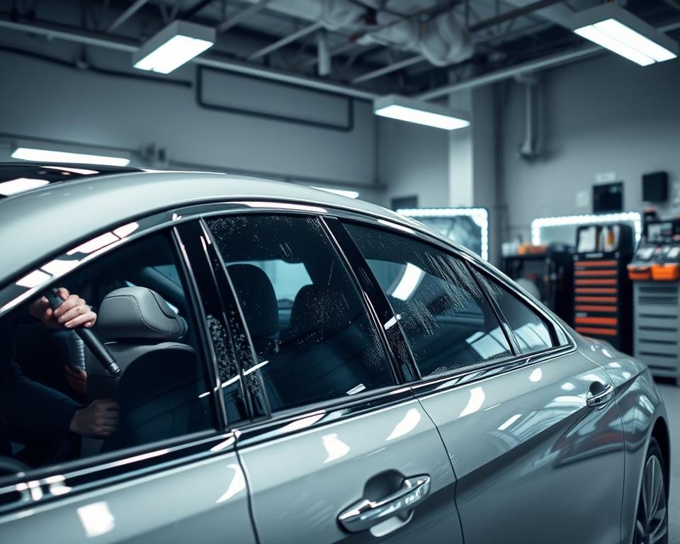 A pristine car parked in a well-lit professional detailing studio. The foreground shows the detailer meticulously cleaning the exterior with specialized tools, polishing the chrome trim and glass to a mirror-like shine. The middle ground reveals the interior being thoroughly vacuumed and wiped down, while the background showcases the array of high-quality detailing products and equipment used in the process. The scene exudes a sense of care, attention to detail, and the professional expertise required to transform a car's appearance. Soft, even lighting from overhead illuminates the scene, capturing the precision and dedication of the detailing work.