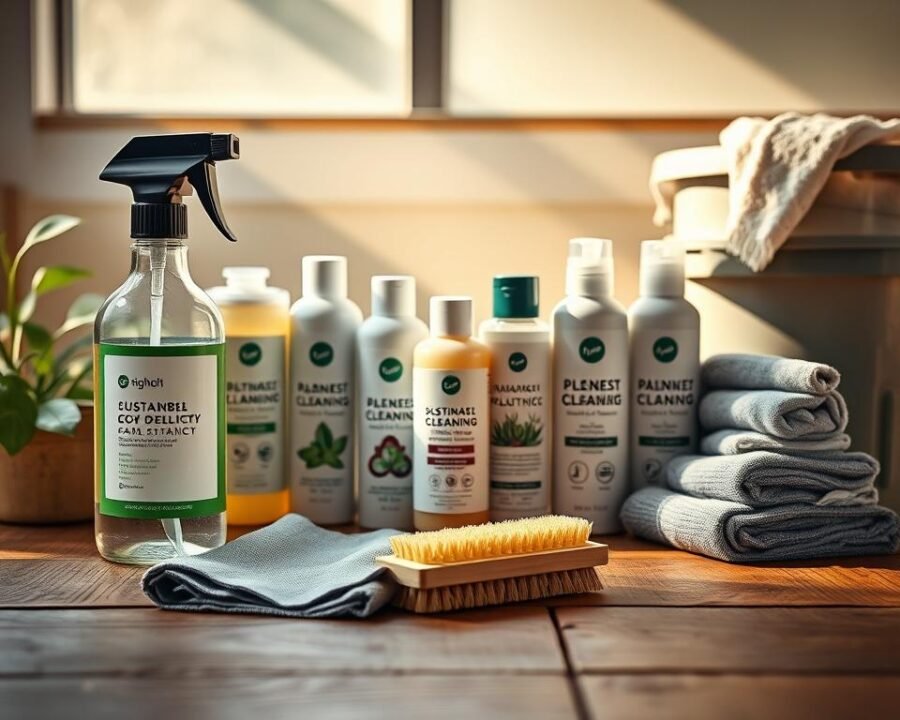 A pristine collection of eco-friendly car detailing products arranged on a wooden surface, bathed in warm, natural lighting. In the foreground, a spray bottle, microfiber cloths, and a scrub brush stand out against a backdrop of sustainable cleaning solutions in sleek, minimalist packaging. The middle ground features a selection of plant-based waxes and polishes, while the background showcases reusable towels and a recycled plastic bucket, all conveying a sense of environmental responsibility and high-quality car care.