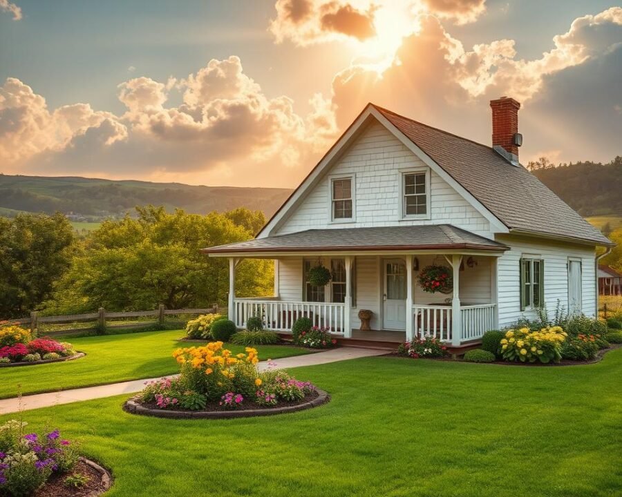 A quaint Amish Country home and garden, nestled amidst lush greenery and rolling hills. The facade features a traditional Pennsylvania Dutch-style architecture, with a whitewashed wooden exterior, peaked gables, and a welcoming front porch. Carefully tended flower beds and a well-manicured lawn surround the property, conveying a sense of tranquility and pastoral charm. Warm, golden sunlight filters through fluffy clouds, casting a soft, inviting glow over the scene. The overall atmosphere evokes the timeless essence of an Amish homestead, ready to welcome visitors to the annual Home & Garden Show.