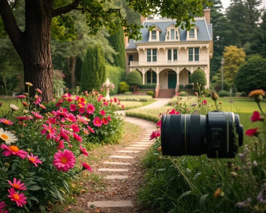 A quaint garden path winds through a lush, verdant landscape. Vibrant flowers in full bloom line the walkway, their petals gently swaying in the soft breeze. In the distance, a picturesque Victorian-style home comes into view, its intricate architecture and well-manicured lawn creating a charming scene. The lighting is soft and diffused, casting a warm, inviting glow over the entire setting. A vintage camera with a long lens captures the scene from a slightly elevated angle, framing the path and the home in a picturesque composition. The overall mood is one of tranquility and anticipation, setting the stage for the upcoming Amherst Garden Walk.