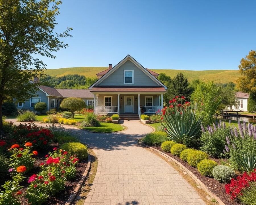A quaint, picturesque town nestled in the rolling hills of western Pennsylvania, Gibsonia offers a charming backdrop for Lin's Garden Oasis. Capture the essence of this serene destination with a warm, sunny afternoon scene. In the foreground, a winding path leads visitors through a lush, meticulously maintained garden, bursting with vibrant flowers and verdant foliage. In the middle ground, a charming country-style building, adorned with white trim and a welcoming porch, stands as the focal point. The background showcases the gently sloping hills and a clear, azure sky, creating a sense of tranquility and natural beauty. Employ a wide-angle lens to convey the expansive, inviting atmosphere, and utilize soft, diffused lighting to imbue the scene with a warm, inviting glow.