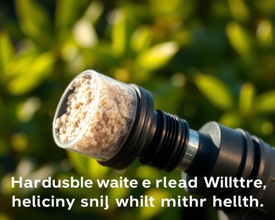 A realistic, close-up image of a garden hose hard water filter, showcasing its inner workings and emphasizing the impact of calcium buildup on plant health. The filter is partially disassembled, revealing its calcium-clogged cartridge against a blurred, out-of-focus background of lush green foliage. Warm, natural lighting casts subtle shadows, highlighting the filter's textural details. The overall mood is one of scientific curiosity and problem-solving, inviting the viewer to understand how this simple device can make a significant difference in the garden.