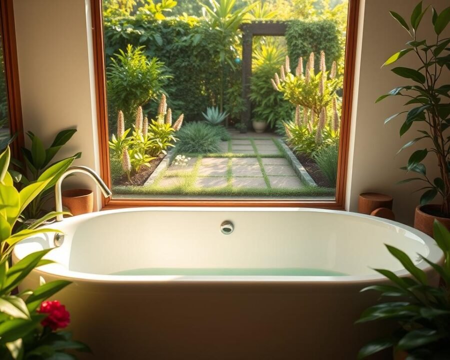 A serene 54x42 garden tub set in a lush, verdant oasis. Soft natural light filters through the large window, casting a warm, tranquil glow on the smooth, polished porcelain tub. Vibrant green plants and flowers surround the tub, creating a soothing, spa-like ambiance. The tub is positioned to offer a panoramic view of the well-manicured garden, inviting the viewer to sink into the warm, relaxing waters and unwind. The scene exudes a sense of calm and serenity, perfect for a luxurious self-care retreat.