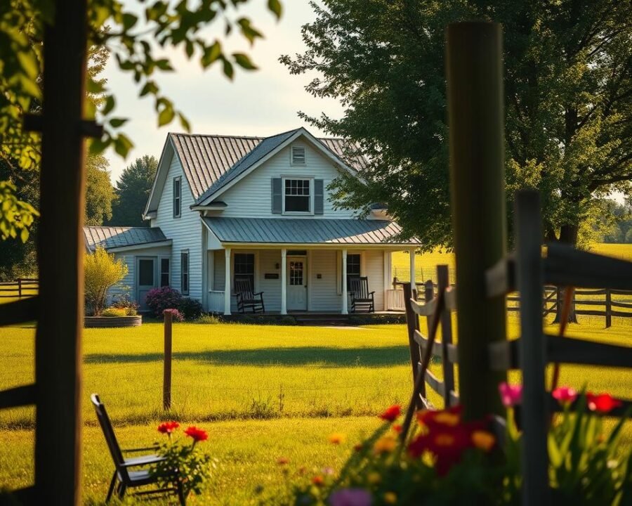 A serene Amish country home nestled amidst lush green fields, framed by a picturesque wooden fence. The modest two-story structure, with its distinctive gabled roof and simple white siding, exudes a timeless charm. The front porch, adorned with rocking chairs, beckons visitors to slow down and soak in the tranquil atmosphere. In the foreground, a well-tended garden blooms with vibrant flowers, hinting at the attention to detail and sustainability practiced by the Amish community. Warm, natural lighting filters through the scene, casting a golden glow and creating a sense of warmth and homeliness. The overall composition evokes a sense of rustic simplicity and harmonious living, perfectly capturing the essence of the Amish Country Home & Garden Show.