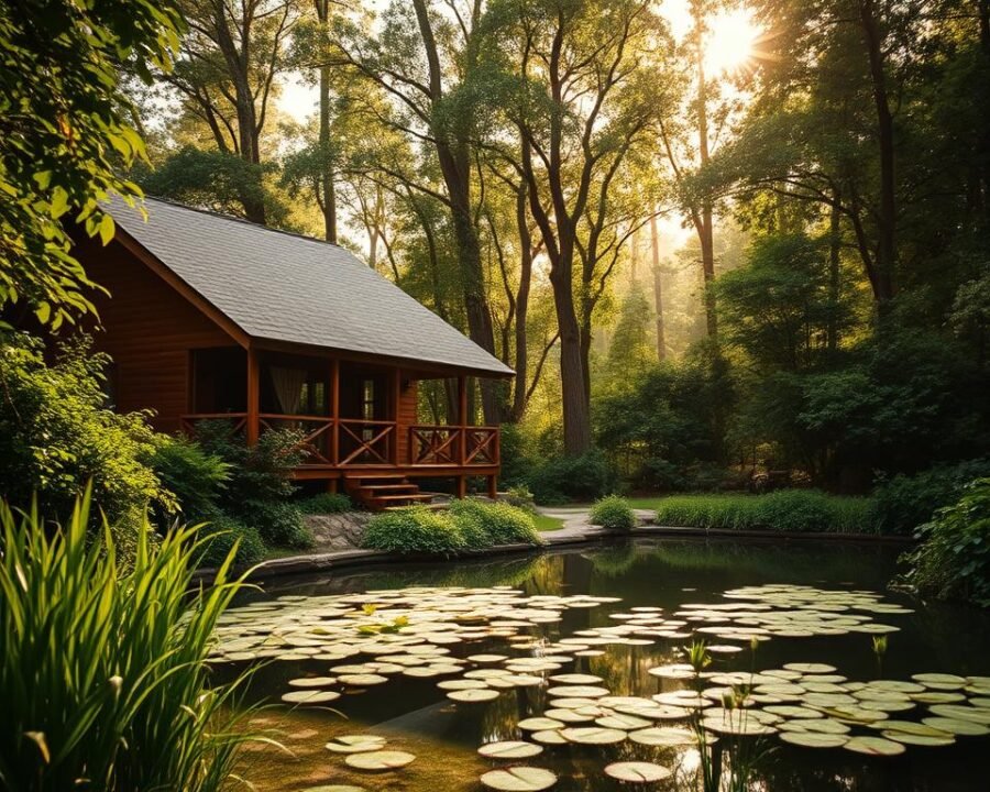 A serene eco lodge wedding venue nestled in lush, verdant foliage. The foreground features a rustic wooden structure with a slanted, thatched roof, its earthy tones blending seamlessly with the surrounding greenery. In the middle ground, a picturesque pond reflects the tranquil scene, its still waters dotted with lily pads. The background showcases a dense forest canopy, dappled with warm, golden sunlight filtering through the leaves. The overall atmosphere evokes a sense of natural harmony, creating the perfect backdrop for a peaceful, nature-inspired celebration.