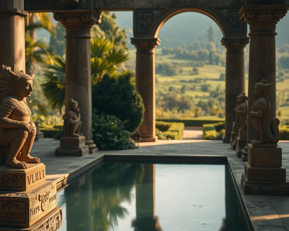 A serene garden oasis, adorned with ancient civilization ornaments. In the foreground, intricate stone carvings of mythological figures and symbols stand as silent guardians. The middle ground features a tranquil reflecting pool, its glassy surface mirroring the weathered statues. In the background, a lush, verdant landscape unfolds, with towering stone archways and ornate columns hinting at the grandeur of a bygone era. Warm, soft lighting casts a gentle glow, evoking a timeless, contemplative atmosphere. The scene invites the viewer to step into a world where the echoes of ancient graffiti and artistic expression have been preserved, offering a glimpse into the rich history and cultural heritage of a bygone civilization.