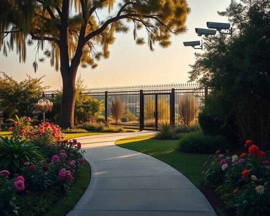 A serene garden oasis in the heart of Garden City, surrounded by lush greenery and vibrant flowers. In the foreground, a well-lit pathway winds through the tranquil landscape, inviting visitors to explore. Tall, stately trees cast gentle shadows, creating a calming atmosphere. In the distance, a wrought-iron fence and modern security cameras provide a sense of safety and security, ensuring the well-being of residents and guests. The scene is bathed in warm, golden sunlight, evoking a feeling of comfort and protection. The overall impression is one of a well-maintained, safe, and inviting community space that embodies the essence of Garden City.