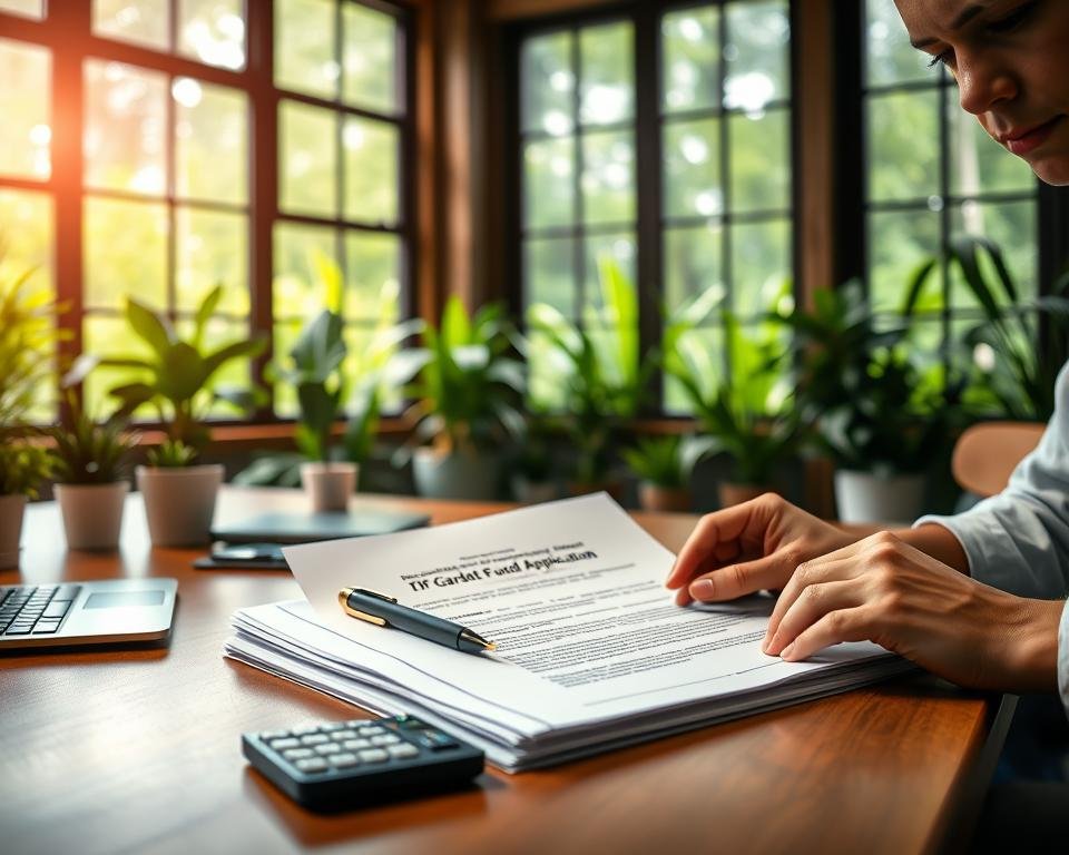 A serene office setting with a wooden desk, potted plants, and natural lighting filtering through large windows. On the desk, a stack of official-looking documents labeled "BF Garden Tax Credit Fund Application" alongside a pen, calculator, and laptop. In the foreground, a person's hands carefully reviewing the application, their expression focused yet calm. The background features lush, verdant garden scenes visible through the windows, hinting at the connection between the application process and the natural world. An atmosphere of efficiency, attention to detail, and environmental consciousness permeates the scene.