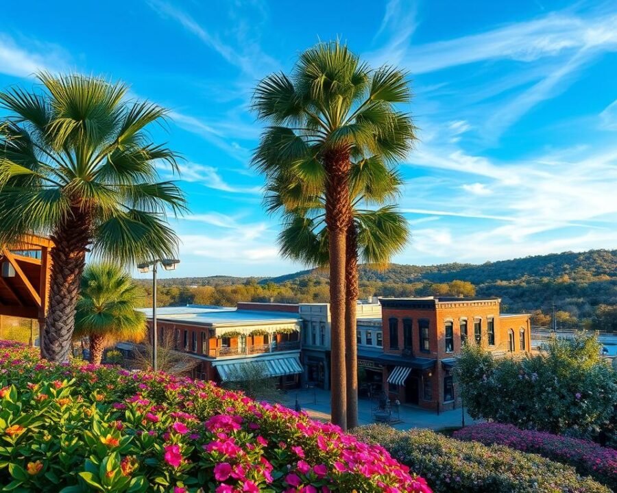 A serene, picturesque winter scene in Winter Garden, Florida. In the foreground, a lush, verdant garden with vibrant flowers and towering palm trees. In the middle ground, a charming, historic downtown district with quaint brick buildings, wrought-iron balconies, and festive holiday decorations. In the background, a gently rolling landscape dotted with citrus groves, their leaves glistening in the soft, warm sunlight. The sky is a brilliant, azure blue, with wispy clouds casting delicate shadows across the scene. The overall mood is one of tranquility, nostalgia, and the peaceful embrace of a classic Florida winter.