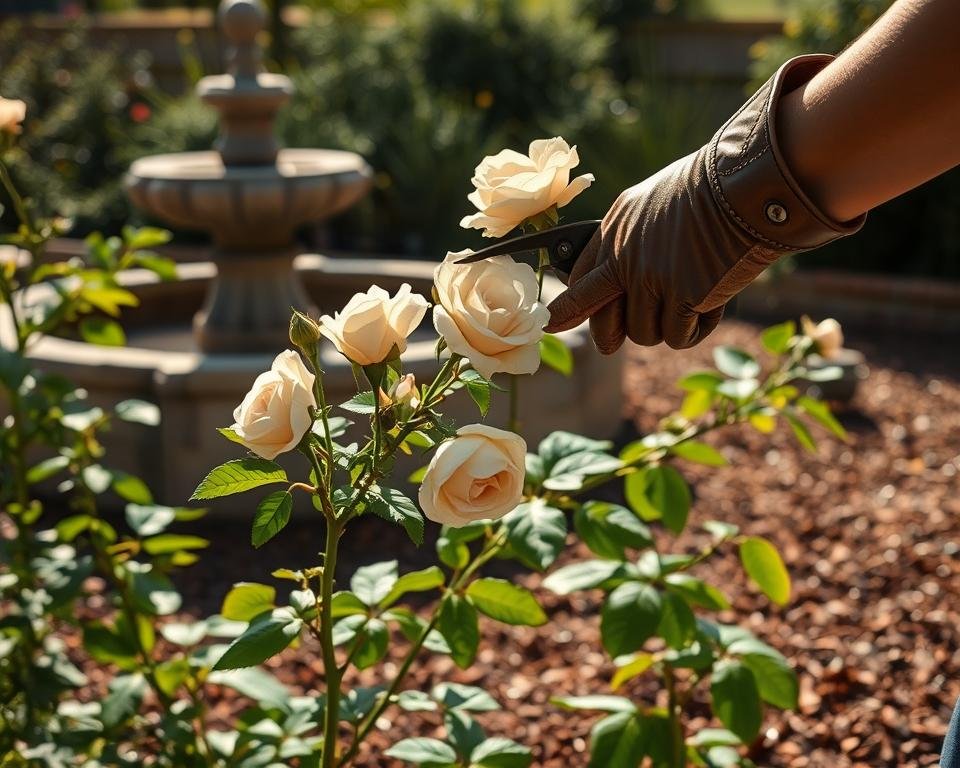 A serene, sunlit garden with a delicate alabaster-hued rose bush in the foreground. The gardener's hands, clad in leather gloves, gently prunes the stems, removing any dead or damaged blooms with a sharp pair of pruning shears. The rose leaves cast soft, dappled shadows on the rich, loamy soil beneath. In the background, a stone fountain gurgles, its tranquil sounds mingling with the chirping of birds. The overall atmosphere is one of quiet, meditative care and attention, befitting the task of nurturing these enchanting, ethereal flowers.