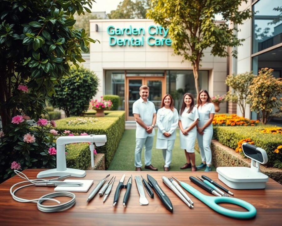 A serene, well-manicured garden setting with lush greenery, vibrant flowers, and a welcoming dental office in the background. The foreground features a variety of dental tools and equipment, neatly arranged on a wooden table, conveying a sense of professionalism and attention to detail. The middle ground showcases a team of friendly, smiling dental professionals, dressed in pristine white uniforms, ready to provide exceptional care. The background depicts the exterior of the dental clinic, a modern, glass-fronted building with a prominent signage that reads "Garden City Dental Care." The scene is bathed in warm, natural lighting, creating a calming and inviting atmosphere.