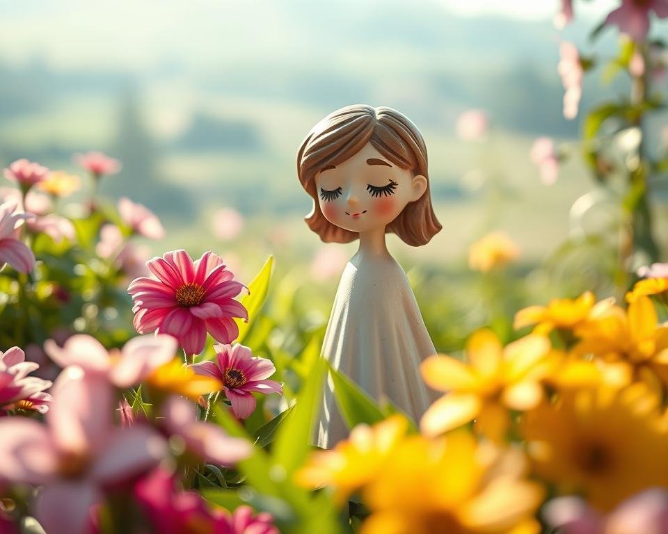 A shy girl garden ornament stands amidst a lush, vibrant floral garden. Soft, warm sunlight filters through the blooming flowers, casting a gentle glow on the delicate ceramic figure. The girl's downcast eyes and bashful expression convey a sense of timid wonder, as if she is quietly observing the natural beauty surrounding her. In the foreground, colorful flora in shades of pink, purple, and yellow create a whimsical, enchanting atmosphere. In the middle ground, verdant foliage frames the scene, while the background features a blurred, dreamlike landscape, adding depth and a sense of tranquility. Captured through a wide-angle lens, the composition emphasizes the ornament's harmonious integration within the idyllic garden setting.