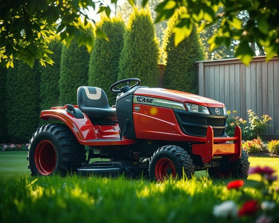 A sleek and sturdy Case garden tractor sitting in a well-manicured backyard. Sunlight streams through lush foliage, casting a warm glow on the machine's chrome accents and deep red paint. The tractor's powerful engine and rugged build are evident, hinting at its versatility and reliability. In the foreground, freshly mowed grass and flower beds frame the tractor, conveying a sense of pride and care. The background features a neatly trimmed hedge and a wooden fence, creating a peaceful, suburban setting. Captured with a wide-angle lens, the image showcases the tractor's impressive size and commanding presence, exemplifying why Case garden tractors are a trusted choice for homeowners and landscapers alike.