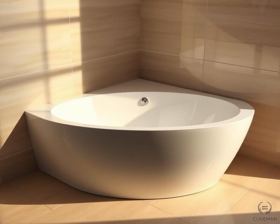 A sleek, modern 54x42 garden tub with an ergonomic design, illuminated by warm, natural lighting that accentuates its elegant curves and smooth surfaces. The tub is positioned in a serene, spa-like bathroom setting, with minimalist, natural-toned tiles covering the walls and floor. Subtle reflections on the polished porcelain surface add depth and visual interest, while the tub's clean lines and contoured shape suggest a harmonious, relaxing experience.