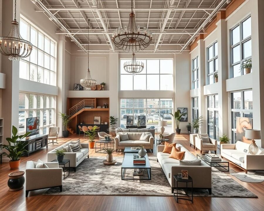 A spacious and elegantly designed interior showroom showcasing the latest trends in home furnishings and decor. The room features high ceilings, large windows that let in abundant natural light, and a mix of contemporary and classic furniture pieces arranged in a visually striking manner. Plush area rugs, ornate chandeliers, and potted plants add to the warm and inviting ambiance. Various vignettes throughout the space highlight different design styles, color palettes, and furniture arrangements to inspire and captivate visitors. The overall atmosphere is one of sophistication, comfort, and aspirational living.