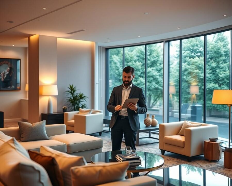 A spacious and well-lit apartment, with a professional leasing agent guiding the applicant through the rental process. Warm lighting casts a welcoming glow, while sleek furnishings and modern decor create an upscale ambiance. The agent gestures to a tablet, reviewing details with the applicant, who appears engaged and confident. In the background, a panoramic window offers a view of a lush, tree-lined street, adding to the sense of exclusivity and desirability. The overall scene conveys an effortless, streamlined application experience befitting the high-end nature of the property.