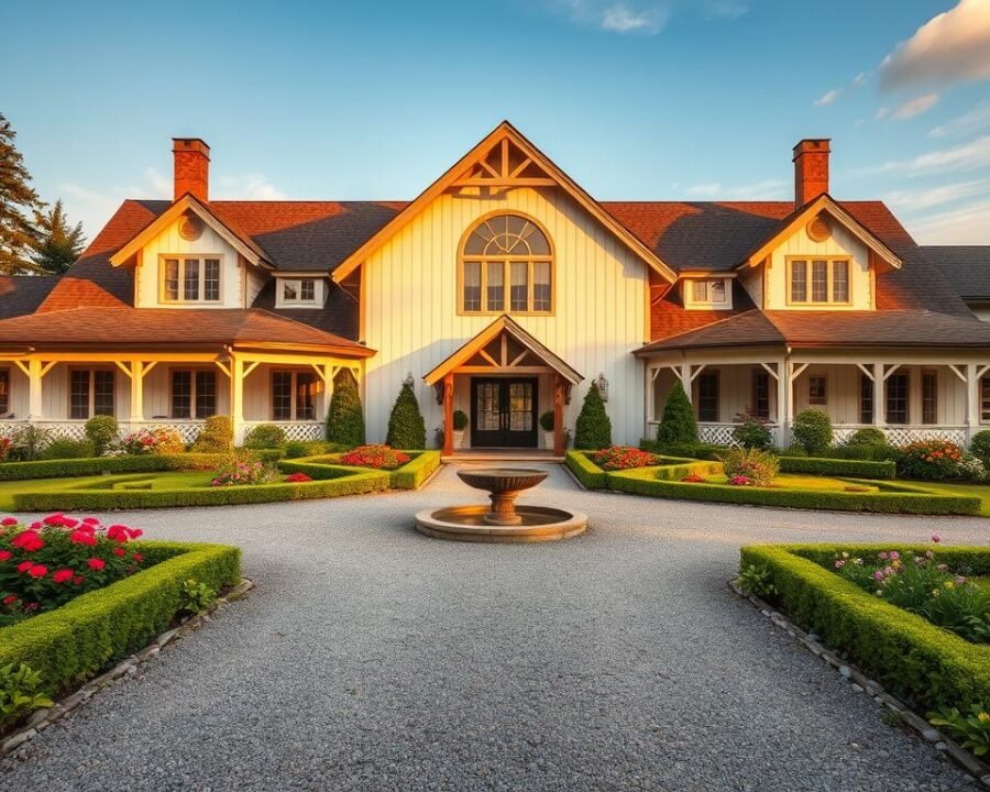 A sprawling Amish country estate in the heart of Pennsylvania, the 2024 Home & Garden Show venue stands as a testament to pastoral charm. The picturesque facade, adorned with whitewashed wood paneling and a classic gabled roof, exudes an air of timeless elegance. Lush, meticulously groomed gardens surround the property, replete with vibrant flower beds, neatly trimmed hedges, and a serene water feature that reflects the warm, golden sunlight. Visitors are greeted by a wide, gravel-lined driveway leading to a spacious parking area, with the main entrance framed by a beautifully crafted, hand-carved wooden archway. The scene evokes a sense of tranquility and harmony, perfectly capturing the essence of Amish Country's rural charm.