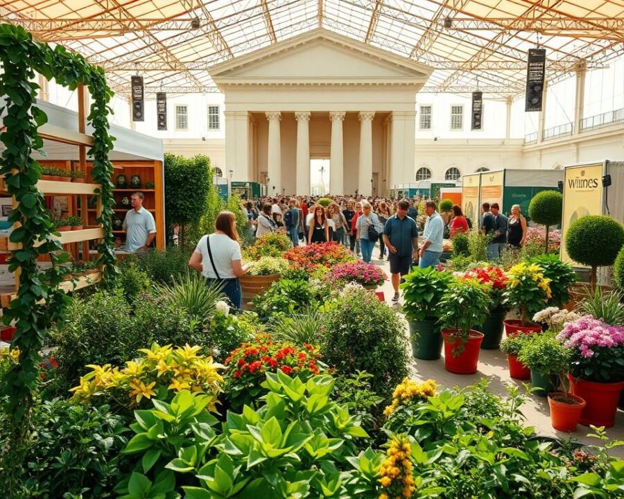 A sprawling gardening expo set against a vibrant, sunlit backdrop. In the foreground, an array of lush potted plants, trailing vines, and neatly pruned shrubs catch the eye. Further back, a bustling crowd of eager gardeners and home enthusiasts wander between the booths, admiring the latest horticultural innovations and seeking inspiration. The middle ground features an impressive display of colorful flowers, from delicate blooms to towering specimens, basking in the warm, natural lighting. In the distance, the expo's grand architectural facade sets the stage, with its elegant columns and inviting entryway. The overall atmosphere exudes a sense of discovery, excitement, and a celebration of the joys of gardening and home improvement.