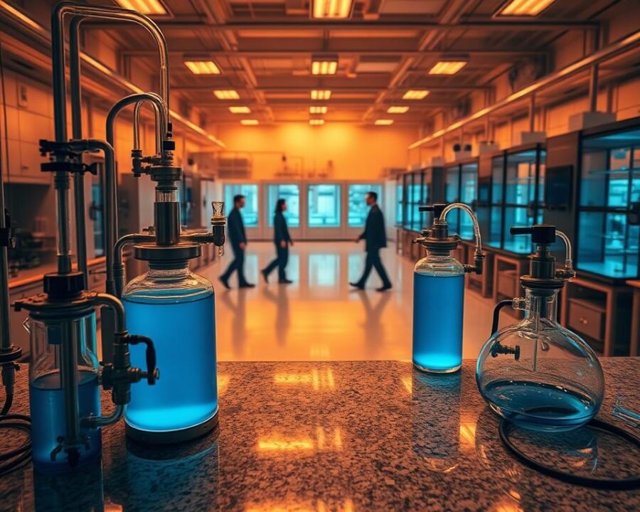 A sprawling laboratory workspace, bathed in warm amber lighting. In the foreground, intricate glassware and stainless steel apparatus sit atop a polished granite countertop, their tubes and valves funneling a vibrant blue-tinted liquid. Blurry silhouettes of technicians move about, their movements purposeful and measured. The middle ground reveals a series of large extraction chambers, their tempered glass facades offering a glimpse of the extraction process in action. The background is hazy, filled with the faint outlines of other specialized equipment, creating an atmosphere of quiet, scientific precision. The overall scene conveys the meticulous, methodical nature of the Blue Dream raw garden extraction process.