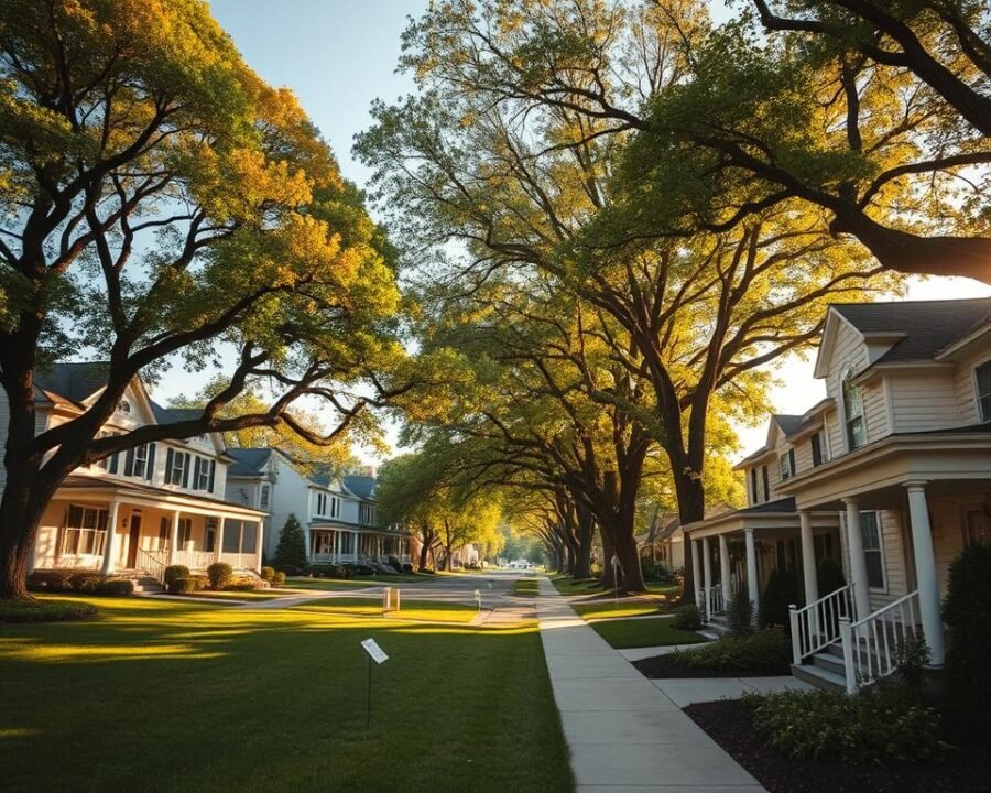 A sprawling neighborhood of beautifully maintained homes, Garden City, NY shines with a charming, suburban elegance. Capture the quintessential American dream - rows of two-story colonial houses with manicured lawns, mature oak trees lining the streets, and inviting front porches bathed in warm, golden afternoon light. Emphasize the tranquil, family-friendly atmosphere with a slight fisheye lens to showcase the peaceful, cohesive community. Render the scene with a soft, nostalgic tone, highlighting the architectural details and lush, verdant foliage that define this picturesque residential haven.