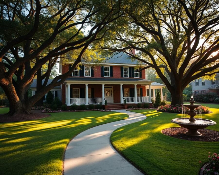 A sprawling two-story colonial-style home nestled on a well-manicured lawn at 139 Prosperity Drive in Garden City, Georgia. The front facade features a grand porch with white columns, accented by decorative shutters and a red brick exterior. A winding pathway leads to the front door, flanked by lush landscaping and mature oak trees casting dappled sunlight. In the backyard, a beautifully maintained garden bursts with vibrant flowers and a tranquil fountain. The overall scene exudes an air of timeless elegance and suburban tranquility, captured through a wide-angle lens and warm, golden-hour lighting.