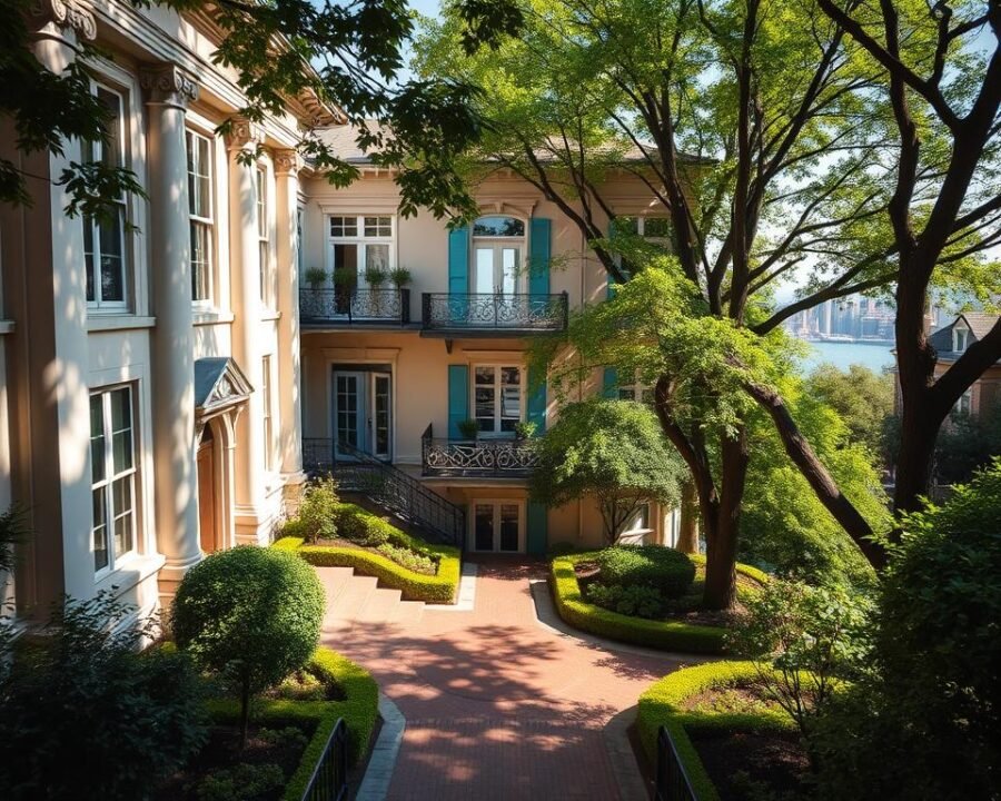 A stately three-story apartment building nestled amidst lush greenery, its neoclassical facade adorned with elegant columns and ornate moldings. Sunlight filters through large windows, casting a warm glow upon the manicured gardens and winding walkways leading to the grand entrance. Inside, high ceilings, hardwood floors, and modern amenities create an atmosphere of refined luxury. Gleaming appliances, plush furnishings, and expansive balconies offer residents a lifestyle of comfort and sophistication. Sweeping views of the bustling city skyline beyond the tree-lined streets complete the picture of upscale urban living at 623 Stewart Ave, Garden City.