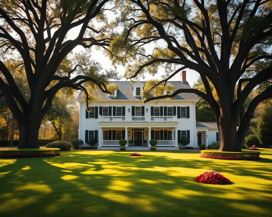 A stately two-story building with a classic New England facade stands proudly on a lush, well-manicured lawn. The structure, adorned with white clapboard siding and a sweeping, covered porch, exudes an aura of timeless elegance. Tall, mature oak trees frame the scene, casting gentle shadows across the neatly trimmed hedges and vibrant flower beds that dot the expansive grounds. Warm, golden sunlight filters through the leaves, creating a serene, inviting atmosphere. The building's precise, symmetrical design and meticulously maintained exterior suggest a place of refined living, where comfort and sophistication converge in perfect harmony.