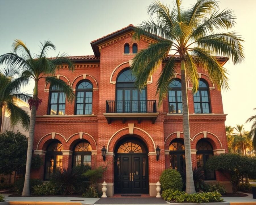 A stately two-story building with a distinct Mediterranean Revival architectural style, 1065 E Story Rd commands attention. Ornate arched windows and a tiled roof create a warm, inviting atmosphere. The façade features intricate brick detailing and a grand central entryway. Lush palm trees and tropical foliage frame the structure, adding a touch of lush greenery. Warm, golden sunlight bathes the scene, casting subtle shadows and highlighting the building's elegant features. The overall composition evokes a sense of timeless grandeur, reflecting the unique character of this historic property in Winter Garden, Florida.