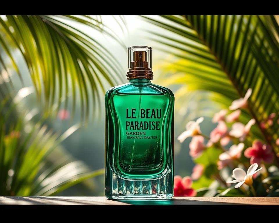 A striking glass bottle filled with a vibrant, emerald-hued fragrance, set against a lush, verdant backdrop. The bottle's iconic silhouette, designed by Jean Paul Gaultier, reflects the scent's bold and alluring nature. Soft, diffused lighting illuminates the bottle, casting subtle shadows that add depth and dimension. In the background, a serene, dreamlike garden scene unfolds, with swaying palm fronds, blooming flowers, and a hazy, tropical atmosphere. The overall composition conveys a sense of tranquility, luxury, and the essence of the "Le Beau Paradise Garden" fragrance.