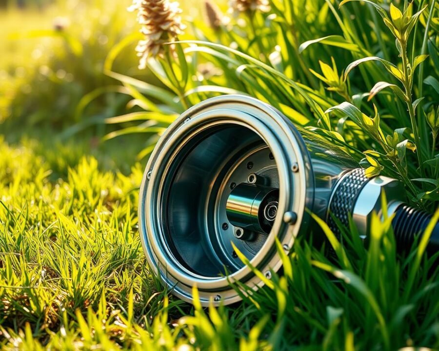 A sturdy garden hose calcium filter system in a lush, verdant backyard. The filter housing rests on the ground, its sleek metallic finish gleaming in the warm afternoon sunlight. Intricate internal components are visible through a transparent viewing window, showcasing the filtration mechanism. Nearby, vibrant green grass and flourishing plants create a natural, harmonious setting. The scene is captured from a low angle, emphasizing the filter's practical functionality within the garden landscape. Soft, diffused lighting subtly accentuates the filter's form and the surrounding organic elements, conveying a sense of tranquility and seamless integration.