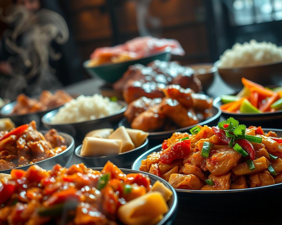 A sumptuous array of authentic Chinese dishes, meticulously crafted with the finest ingredients. In the foreground, a steaming plate of Szechuan-style kung pao chicken, its vibrant chili-spiced sauce glistening. Beside it, a delicate nest of crispy spring rolls, their golden-brown exteriors revealing a savory vegetable filling. In the middle ground, a platter of succulent Cantonese-style roasted pork belly, its crispy skin contrasting with the tender, juicy meat. In the background, a selection of fragrant jasmine rice, accompanied by a variety of colorful, freshly prepared vegetables. Soft, indirect lighting casts a warm, inviting glow over the scene, evoking the ambiance of a traditional Chinese restaurant.