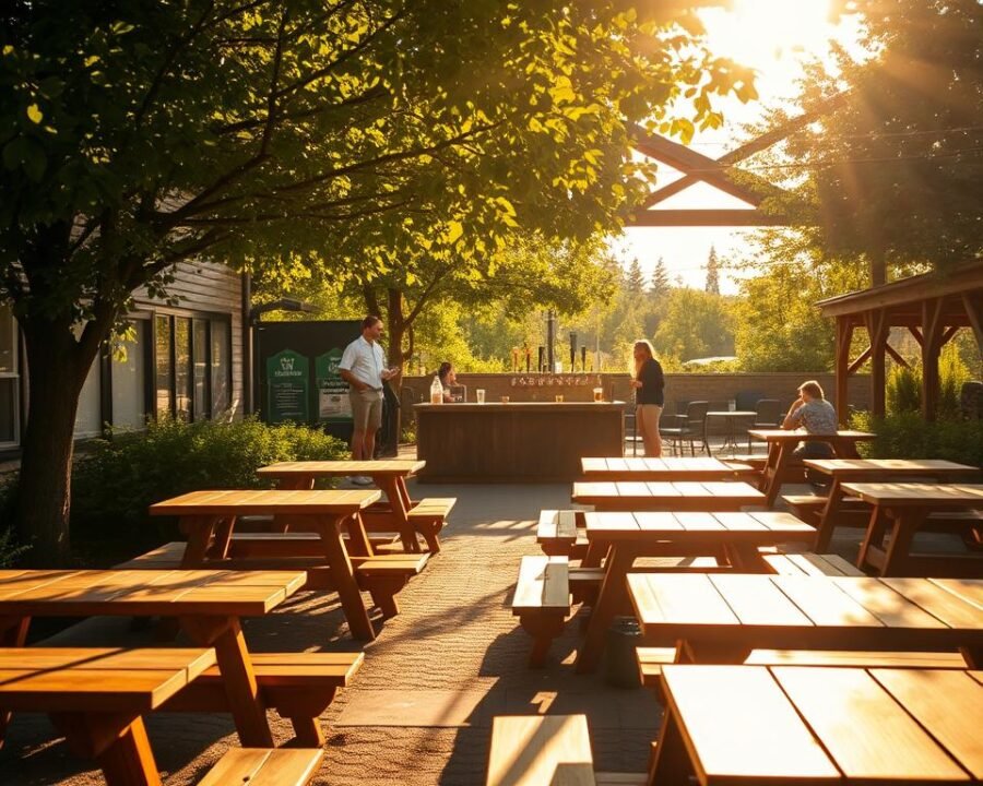 A sun-dappled beer garden nestled in the heart of Oconomowoc, Wisconsin. In the foreground, rows of wooden picnic tables and benches beckon patrons to sip refreshing local brews. Mid-ground, a rustic wooden bar and taps dispense craft beers against a backdrop of lush greenery. In the distance, a covered pavilion with string lights casts a warm glow, inviting guests to linger and enjoy the convivial atmosphere. The scene is bathed in the soft, golden light of a late afternoon, creating a cozy, inviting ambiance. The overall tone is one of relaxation, community, and the celebration of small-town charm.