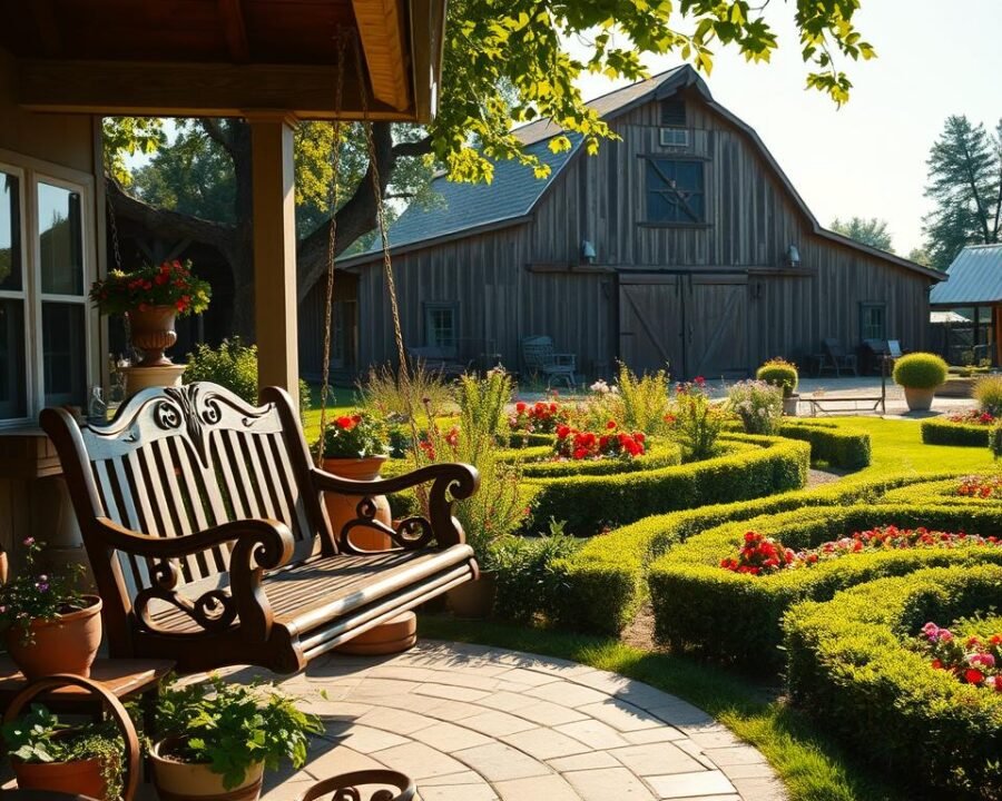 A sun-dappled outdoor living exhibit, showcasing picturesque Amish craftsmanship. In the foreground, a cozy porch swing beckons, flanked by potted plants and ornate wooden furniture. The middle ground features a meticulously landscaped garden, brimming with vibrant flowers and neatly trimmed hedges. In the background, a rustic barn stands tall, its weathered siding and charming architectural details evoking a sense of timeless Amish tradition. Soft, golden lighting casts a warm glow over the entire scene, creating an inviting and serene atmosphere. The image captures the essence of the Amish Home & Garden Show, where visitors can immerse themselves in the beauty of sustainable living and traditional craftsmanship.