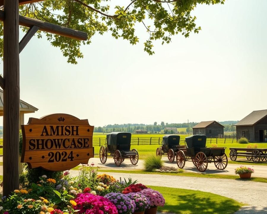 A sun-dappled, quaint Amish country scene showcasing the 2024 Home & Garden Show. In the foreground, a wooden sign with intricate hand-carved details announces the "Amish Country Showcase 2024" in a warm, rustic font. Surrounding the sign, an abundance of colorful blooms and potted plants create a welcoming, horticultural display. In the middle ground, a group of traditional Amish buggies and carriages are parked, their simple yet elegant designs a testament to the region's craftsmanship. Beyond, a gently rolling landscape of lush, verdant fields and distant, weathered barns set against a soft, hazy sky evokes a sense of timeless tranquility. The overall scene conveys the charm, tradition, and agricultural heritage of Amish Country, inviting visitors to explore the 2024 showcase.