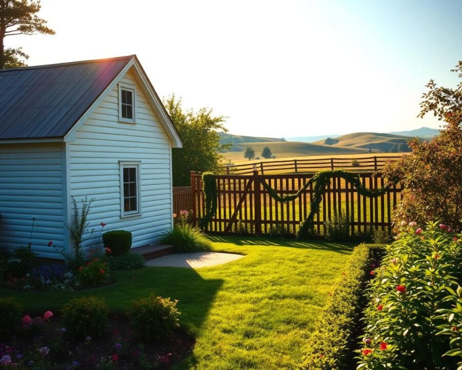 A sun-drenched Amish country home nestled in a lush, well-tended garden. The modest, white clapboard structure stands in the foreground, its peaked roof and simple design exuding a sense of quiet, rural charm. Surrounding the home, a bountiful garden overflows with vibrant flowers, neatly pruned hedges, and a small, neatly-kept vegetable patch. The middle ground features a picturesque wooden fence, adorned with trailing vines, leading the eye towards a distant, rolling hillside landscape bathed in the warm, golden light of a late afternoon. The overall scene conveys a serene, peaceful atmosphere, inspiring ideas for rustic, nature-inspired home improvements and garden design.
