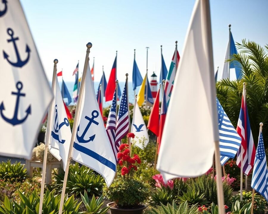 A sun-drenched coastal garden, adorned with a vibrant array of nautical-themed garden flags. In the foreground, crisp white flags with bold navy blue anchors, seagulls, and classic striped patterns flutter gently in the sea breeze. Midground, a mix of colorful flags featuring playful sailboats, lighthouses, and seaside motifs stand tall, creating a lively seaside scene. In the background, a hazy blue sky and verdant foliage frame the vibrant display, evoking a sense of peaceful, beachy tranquility. The lighting is soft and natural, casting a warm, golden glow over the entire composition. Captured with a wide-angle lens to showcase the full expanse of this delightful nautical beach garden.