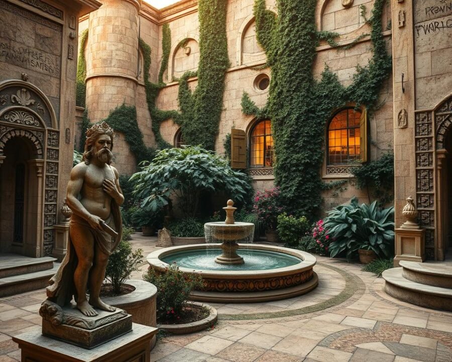 A tranquil ancient garden, adorned with intricate stone carvings and mosaic tiles. In the foreground, a weathered statue of a mythological figure stands guard, its features worn by the passage of time. In the middle ground, lush foliage and fragrant flowers surround a bubbling fountain, its gentle sounds echoing through the serene atmosphere. The background showcases towering stone walls, covered in verdant vines and textured with ancient graffiti-like markings, hinting at the rich history of this enchanting space. Warm, soft lighting casts a golden glow, creating an intimate and timeless ambiance. The overall scene evokes a sense of reverence and wonder, as if stepping into a preserved relic of a bygone era.