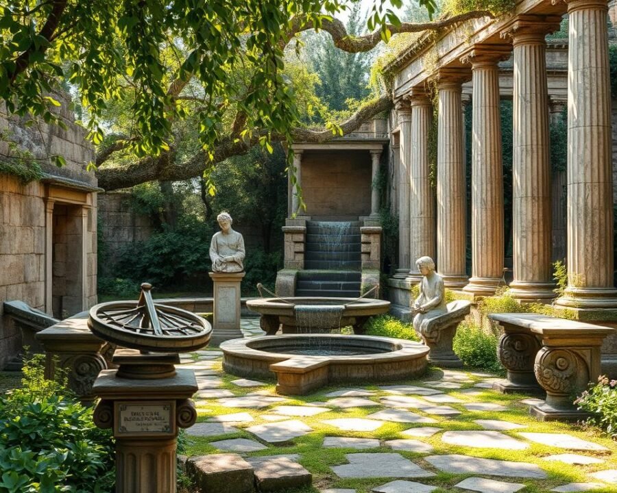 A tranquil ancient ruins garden, where weathered stone fragments and crumbling columns mingle with lush foliage. Dappled sunlight filters through the canopy, casting a warm glow on the moss-covered statues and ornate stone benches. In the foreground, a weathered sundial stands as a remnant of a bygone era, while in the middle ground, a cascading water feature babbles softly. Trailing vines and delicate wildflowers soften the edges of the architecture, creating a harmonious blend of nature and history. The overall atmosphere evokes a sense of timeless serenity, inviting the viewer to imagine the stories hidden within these enchanting ruins.