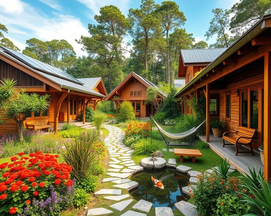 A tranquil eco-friendly lodge nestled in a lush garden oasis. Wooden structures with large windows and solar panels on the roof, blending seamlessly with the surrounding greenery. A winding path leads through a vibrant flower garden, with a small koi pond reflecting the azure sky. Wooden benches and hammocks invite guests to relax and soak in the serene atmosphere. Soft natural lighting filters through the canopy of trees, creating a warm, inviting ambiance. The lodge's architecture incorporates sustainable materials and energy-efficient design, embodying a harmonious union of nature and modern eco-conscious living.