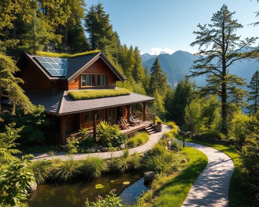 A tranquil, eco-friendly villa nestled amidst lush, verdant foliage. Natural sunlight bathes the scene, casting a warm, golden glow over the wood-and-stone architecture. Sustainable features like solar panels, rainwater harvesting, and a living green roof blend seamlessly into the picturesque landscape. In the foreground, a small pond reflects the surrounding flora, while a walking path meanders through the well-manicured gardens. Guests can be seen relaxing on the wooden deck, enjoying the serene atmosphere and the breathtaking vistas of the nearby mountains.