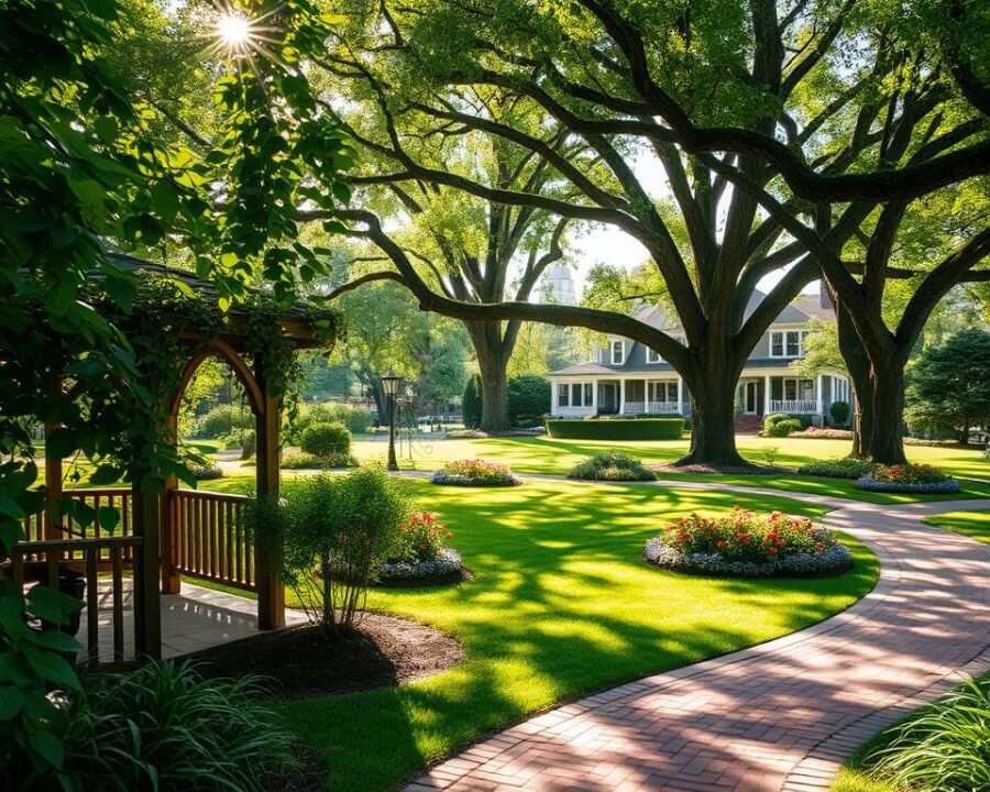 A tranquil garden oasis in the heart of Garden City, sunlight filters through verdant foliage, casting a warm glow on a meandering brick path. In the foreground, a quaint gazebo adorned with climbing vines offers a serene retreat, while beyond, a lush lawn is punctuated by the vibrant hues of carefully tended flower beds. In the middle ground, towering shade trees sway gently, their branches creating dappled patterns on the ground. In the distance, the stately architecture of historic homes stands as a testament to the area's timeless charm. The overall ambiance is one of peaceful contemplation, inviting residents to immerse themselves in the gentle rhythms of Garden City's quintessential lifestyle.