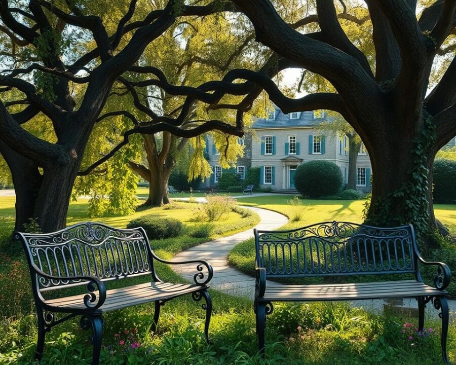 A tranquil garden setting, featuring a pair of ornate antique garden benches in the foreground. The benches, crafted from wrought iron and weathered wood, sit upon a bed of lush greenery and wildflowers. Dappled sunlight filters through the canopy of gnarled oak trees, casting a warm, golden glow over the scene. In the middle ground, a winding stone pathway leads the eye deeper into the garden, where meandering ivy and trailing vines add a touch of whimsy. The background reveals a glimpse of a historic manor house, its stately facade complementing the timeless elegance of the antique garden benches.