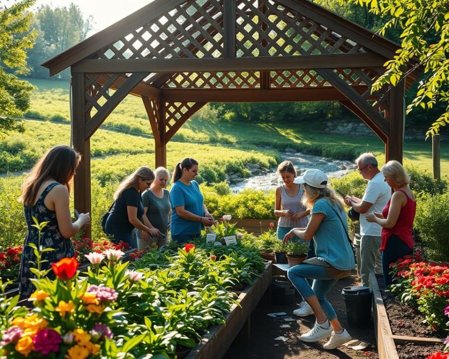 A tranquil outdoor setting with a charming wooden gazebo, surrounded by flourishing garden beds brimming with vibrant flowers and lush greenery. Sunlight filters through the latticed structure, casting a warm, inviting glow across the scene. In the foreground, a group of attendees engaged in a hands-on gardening workshop, their faces alight with curiosity and enthusiasm as they learn about planting techniques and garden maintenance. In the background, a gentle stream meanders through the verdant landscape, adding a soothing, natural ambiance to the peaceful setting. The image conveys a sense of community, education, and a deep appreciation for the beauty and serenity of the natural world.