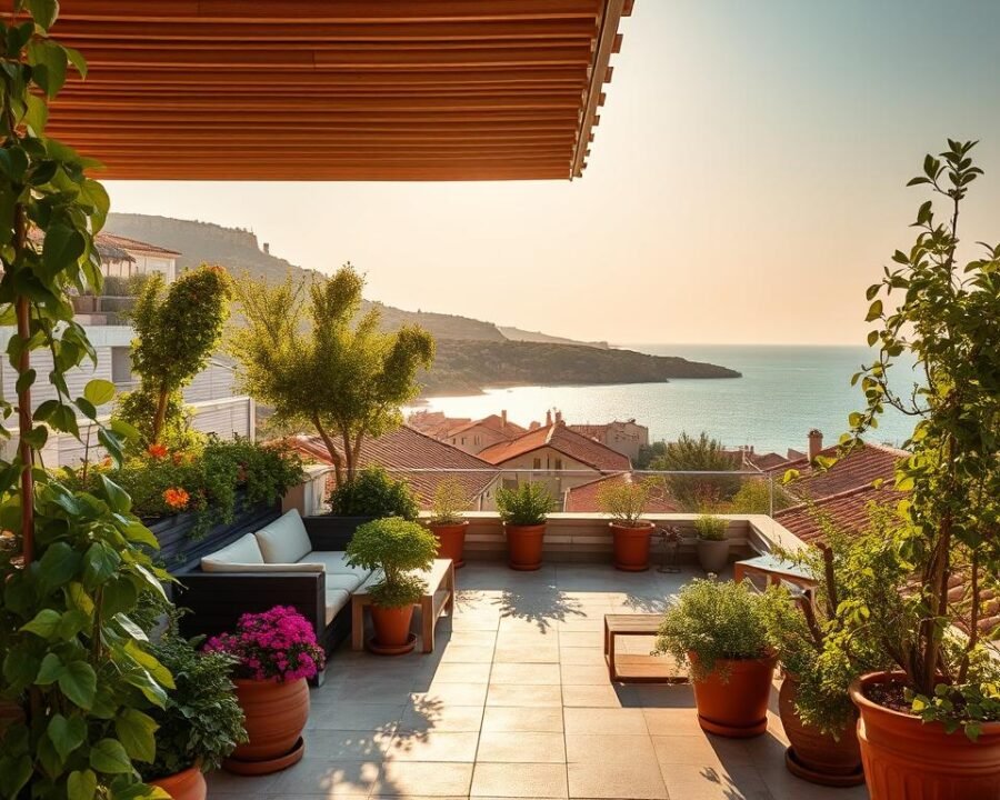 A tranquil rooftop lounge in Alghero, with lush greenery and comfortable seating arrangements. Warm, golden sunlight filters through the slatted canopy, casting a soft glow on the scene. Vibrant potted plants and trailing vines adorn the space, creating a serene, natural ambiance. In the distance, the historic town's terracotta roofs and azure waters of the Mediterranean come into view, framing the oasis-like setting. A sense of calm and relaxation permeates the air, inviting visitors to unwind and savor the stunning vistas. The rooftop lounge offers a peaceful respite from the bustling streets below, showcasing the benefits of a well-designed roof garden.