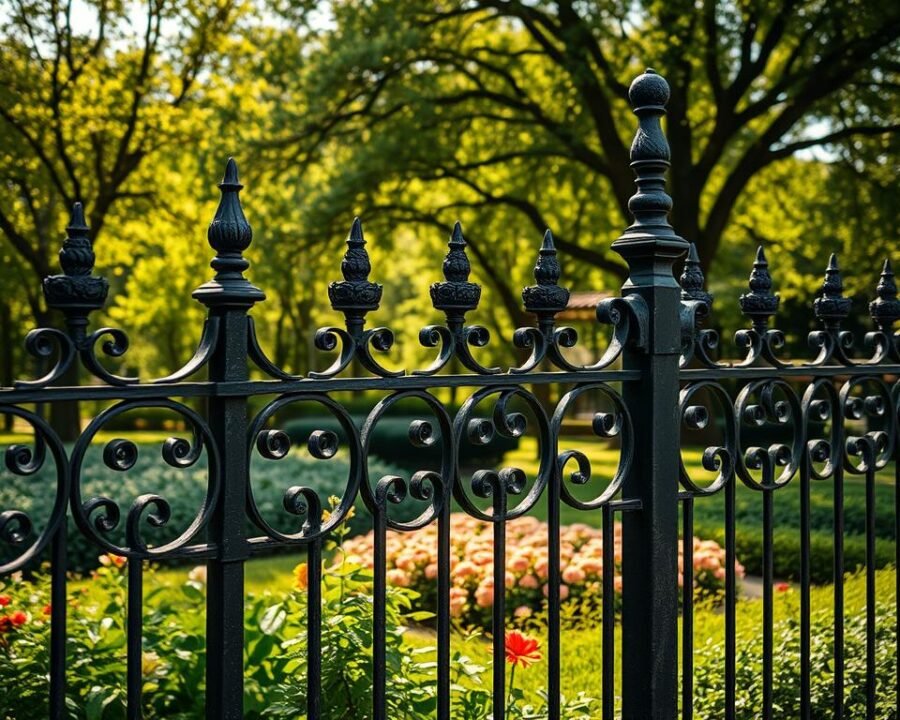 A verdant garden backdrop, filtered by warm sunlight and a lush canopy of trees. In the foreground, a sturdy cast iron fence, its intricate scrollwork and decorative finials casting intricate shadows across the well-tended flowerbeds. The fence's robust, weathered construction stands as a testament to its durability, blending seamlessly with the organic elements that surround it. The scene conveys a sense of timeless elegance and environmental harmony, where the iron structure coexists harmoniously with the natural landscape. A 50mm lens captures the scene, preserving the depth and texture of the materials while emphasizing the fence's graceful silhouette.