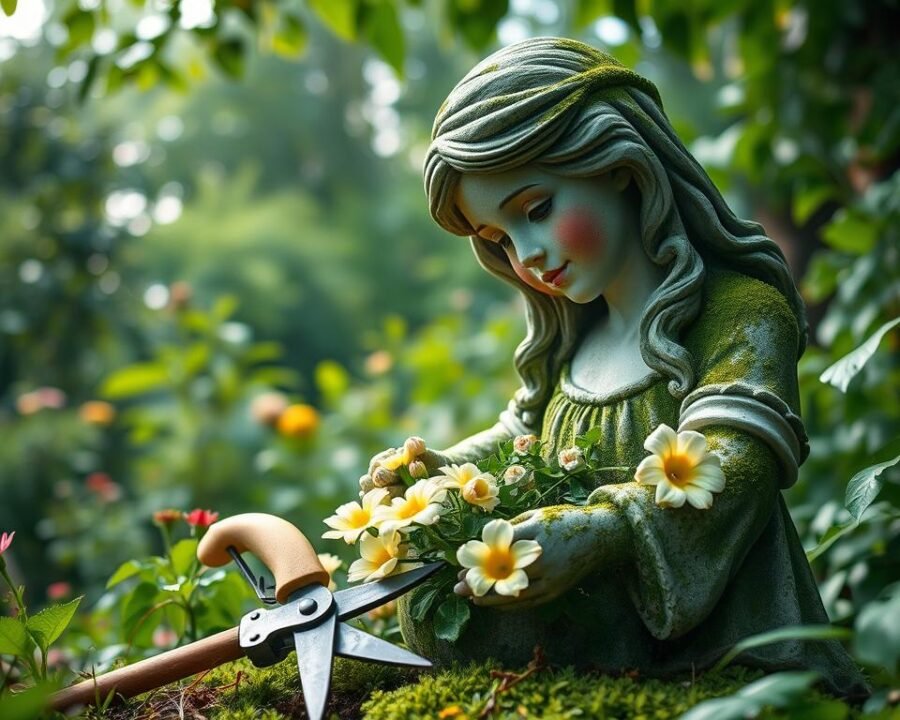 A verdant garden setting with a life-size, delicately carved garden statue of a bashful, rosy-cheeked young woman gently tending to a lush array of blooming flowers. Soft, diffused natural lighting filters through the canopy of verdant foliage, casting gentle shadows and highlights on the statue's intricate features. The statue's weathered, moss-covered surface suggests age and patina, evidence of the passing seasons. In the foreground, gardening tools and a pruning shear rest on the ground, hinting at the statue's recent maintenance. The overall scene exudes a sense of tranquility, inviting the viewer to pause and appreciate the timeless beauty of this captivating garden ornament.
