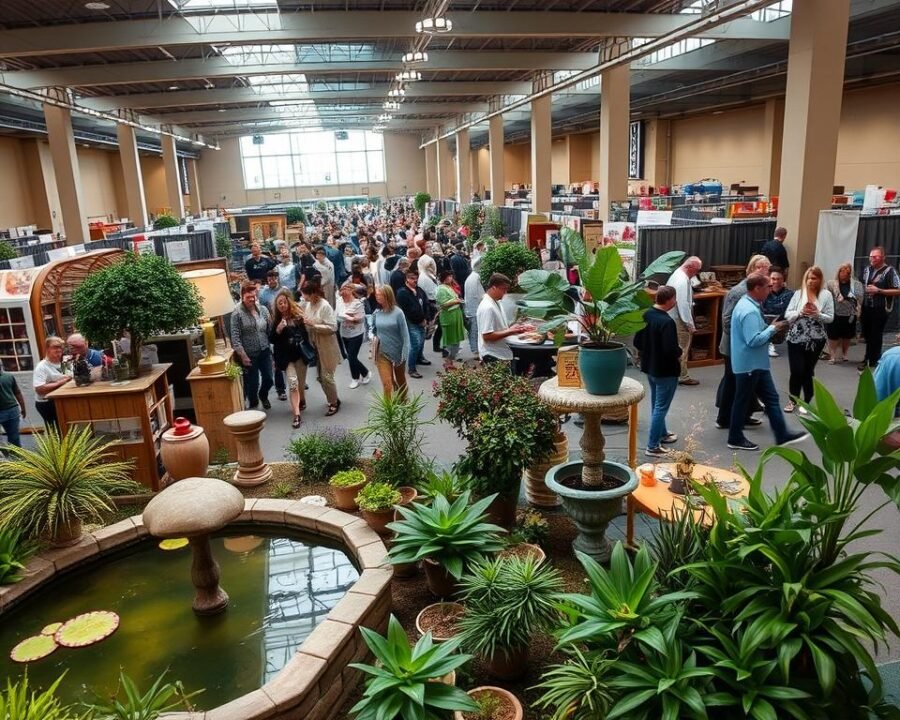 A vibrant and bustling scene at the Canfield Home and Garden Show, showcasing an array of lush greenery, elegant garden displays, and a crowd of attendees admiring the latest home decor trends. In the foreground, a beautifully landscaped booth features a serene water feature, surrounded by a variety of potted plants and flowers. In the middle ground, attendees stroll through the aisles, inspecting handcrafted artisanal goods and chatting with knowledgeable vendors. The background is a panoramic view of the event space, with high ceilings and natural lighting streaming through the windows, creating a warm and inviting atmosphere. The overall scene captures the excitement and energy of this must-attend event for home and garden enthusiasts.