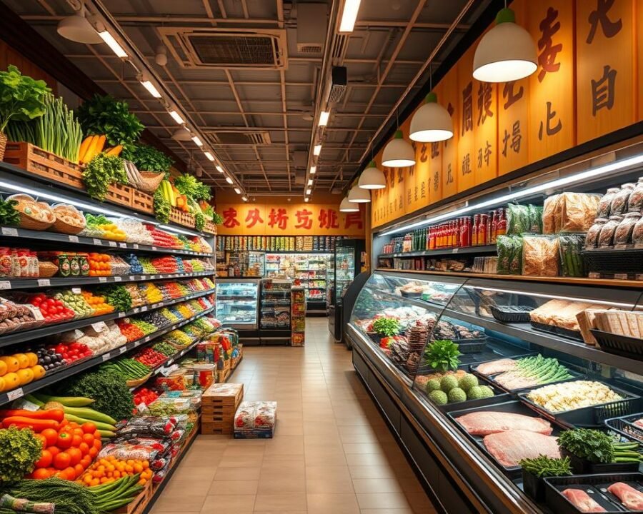 A vibrant and diverse array of fresh produce, meats, seafood, and packaged goods fills the spacious aisles of a modern Asian grocery store. Colorful vegetables, ripe fruits, and fragrant herbs line the shelves, while display cases showcase gleaming cuts of fish and marbled cuts of beef. The lighting is warm and inviting, casting a soft glow over the scene. The camera angle is slightly elevated, providing a sweeping view of the store's impressive selection, hinting at the vast culinary possibilities within. An atmosphere of discovery and exploration permeates the space, inviting the viewer to immerse themselves in the bounty of Asian cuisine.